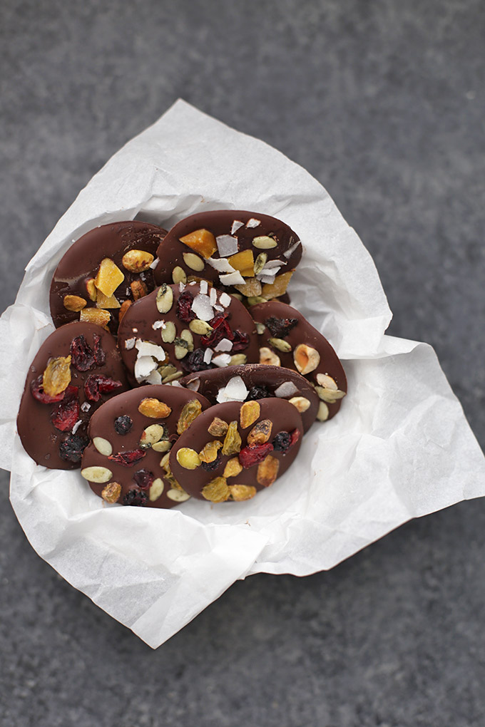 These vegan Trail Mix Chocolate Clusters are my favorite healthier treat. SO easy and SO GOOD! 