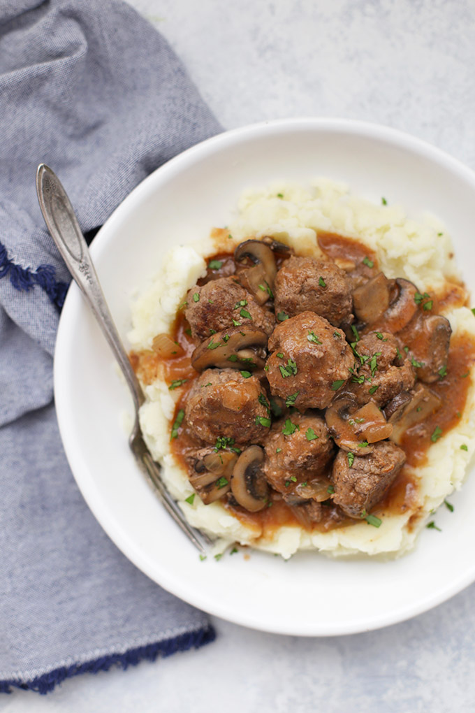 Salisbury Steak Meatballs - My whole family LOVES these! Gluten free + paleo friendly. They're SO good! 