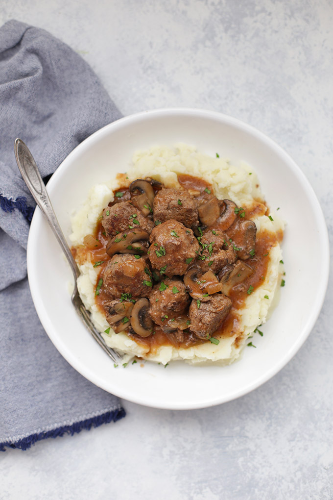 Salisbury Steak Meatballs - Classic comfort food made lighter. We LOVE these. (gluten free + paleo approved!) 