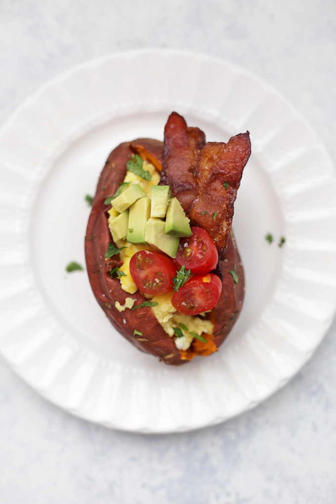 California Breakfast Stuffed Baked Sweet Potatoes - These are delicious! Try them with scrambled or poached eggs, sausage, and more. (Check out 5 different ideas for stuffing sweet potatoes!) 