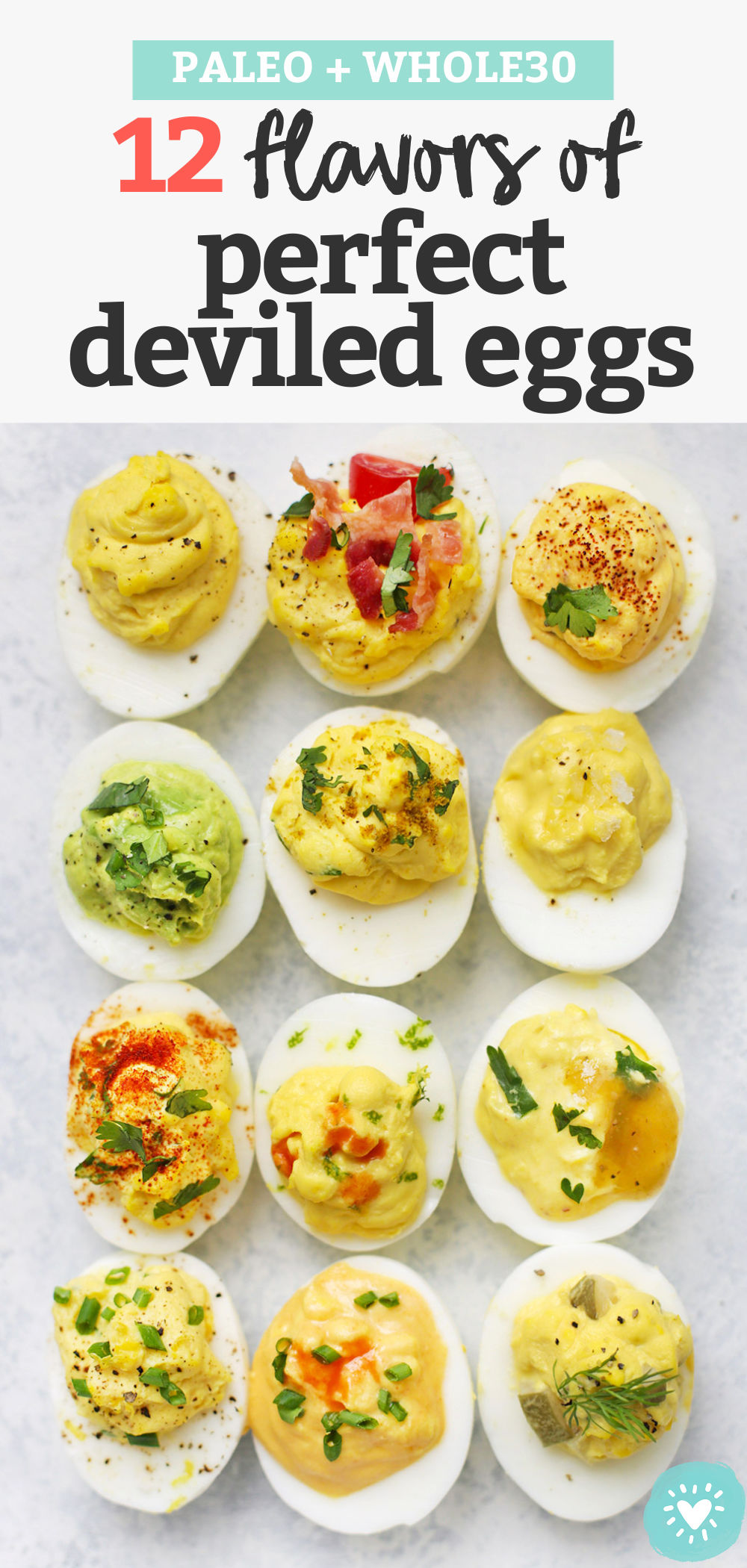 How to Make Perfect Deviled Eggs - My FAVORITE method for deviled eggs plus TWELVE delicious flavor combinations! All are paleo approved, gluten free, and absolutely delicious. // Paleo deviled eggs // the best deviled eggs recipe // deviled eggs no mayo // classic deviled eggs // perfect deviled eggs // 12 flavors of deviled eggs // #deviledeggs #hardboiledeggs #eggs #appetizers #paleo #glutenfree #potluck #picnic #barbecue