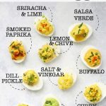 12 flavors of paleo deviled eggs on a white background labeled by flavor with text overlay that reads "Paleo + Whole30. 12 Flavors of Perfect Deviled Eggs"