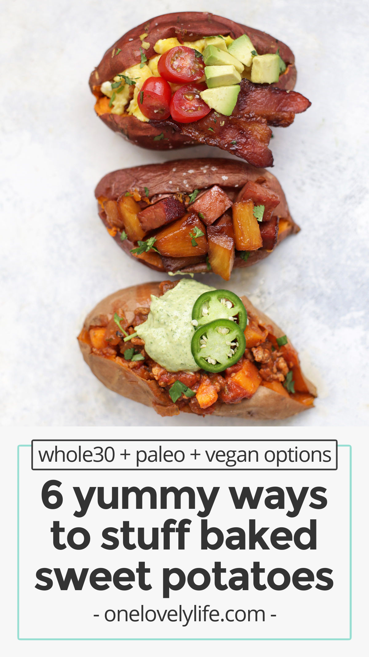 6 Amazing Ways to Stuff a Baked Sweet Potato - My fail-proof method for baking a perfect sweet potato and SO MANY ideas for how to stuff them! / stuffed sweet potatoes / stuffed baked sweet potatoes / paleo stuffed sweet potatoes / vegan stuffed sweet potatoes / baked sweet potatoes / healthy dinner / paleo dinner / whole30 dinner / stuffed baked potatoes / mexican stuffed sweet potatoes / hawaiian stuffed sweet potatoes / bbq stuffed sweet potatoes / buffalo stuffed sweet potatoes