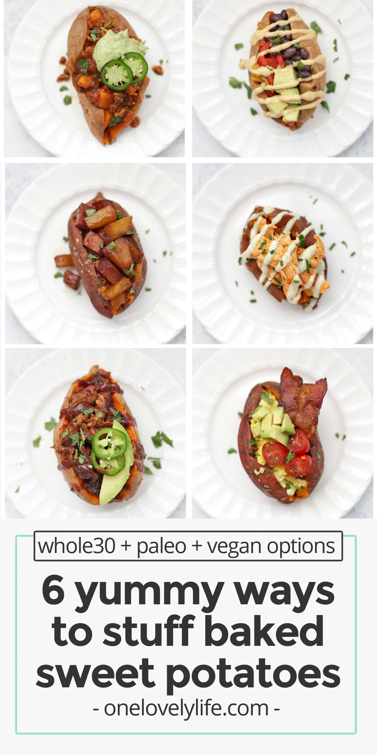 6 Amazing Ways to Stuff a Baked Sweet Potato - My fail-proof method for baking a perfect sweet potato and SO MANY ideas for how to stuff them! / stuffed sweet potatoes / stuffed baked sweet potatoes / paleo stuffed sweet potatoes / vegan stuffed sweet potatoes / baked sweet potatoes / healthy dinner / paleo dinner / whole30 dinner / stuffed baked potatoes / mexican stuffed sweet potatoes / hawaiian stuffed sweet potatoes / bbq stuffed sweet potatoes / buffalo stuffed sweet potatoes