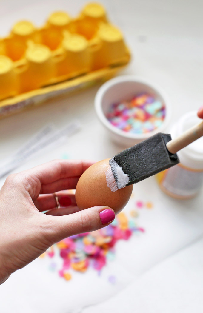Brush eggs with a craft sealer (like Mod Podge) and roll in confetti. These make the CUTEST Easter centerpiece! 