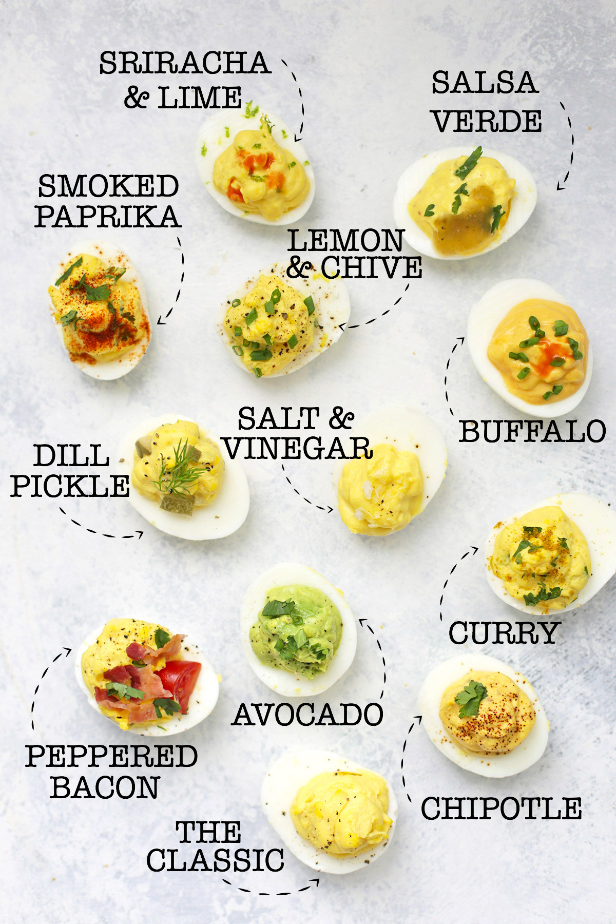 12 flavors of paleo deviled eggs on a white background labeled by flavor