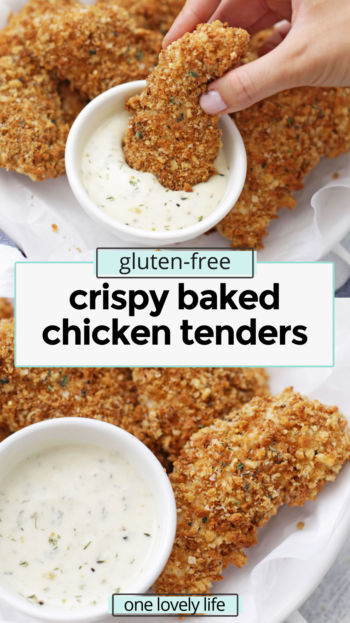 Gluten-Free Crispy Chicken Tenders - This oven-baked chicken tenders recipe is gluten & dairy-free with a fabulous crispy crunch! // crispy gluten free chicken tenders // baked chicken tenders recipe // healthy chicken tenders recipe // gluten free breadcrumbs // gluten-free chicken fingers recipe // gluten-free chicken strips recipe // gluten-free baked chicken strips // gluten-free baked chicken fingers // chicken strips dipping sauces