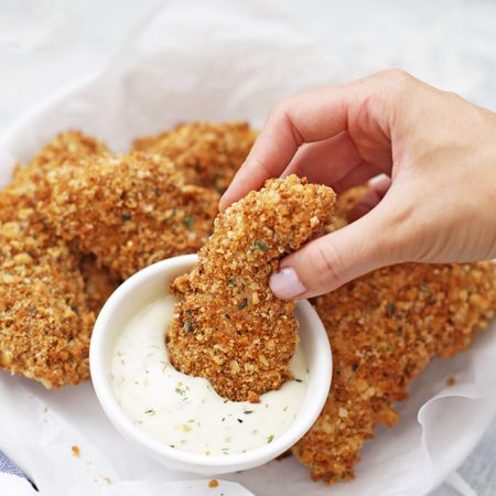 crispy baked gluten-free chicken tenders with ranch dipping sauce