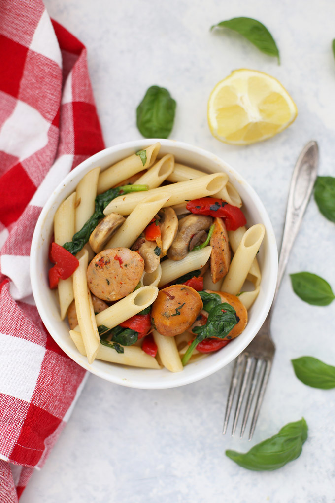 Sausage Pepper Pasta - Roasted Red Peppers and Chicken Sausages make this a delicious weeknight meal! (Gluten free, dairy free) 