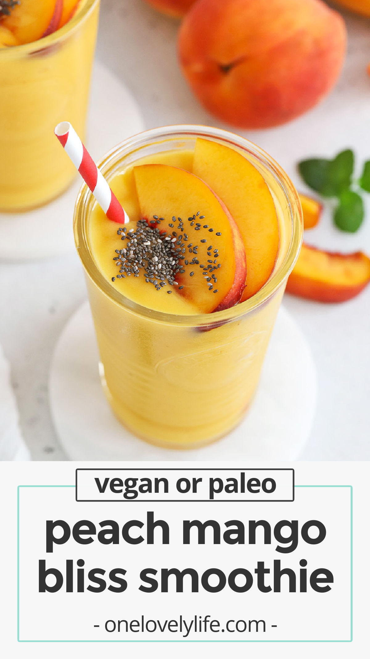 Peach Mango Bliss - A bright, sunny smoothie to sip! This delicious peach mango smoothie is bursting with flavor. (Paleo & Vegan) // Peach Mango Smoothie recipe // mango peach smoothie recipe // peach smoothie recipe / mango smoothie / vegan smoothie / orange smoothie / yellow smoothie / dairy free smoothie / healthy snack / healthy breakfast / kid friendly smoothie / fruit smoothie recipe