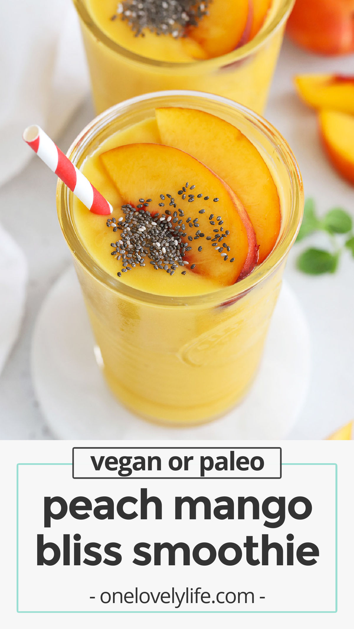 Peach Mango Bliss - A bright, sunny smoothie to sip! This delicious peach mango smoothie is bursting with flavor. (Paleo & Vegan) // Peach Mango Smoothie recipe // mango peach smoothie recipe // peach smoothie recipe / mango smoothie / vegan smoothie / orange smoothie / yellow smoothie / dairy free smoothie / healthy snack / healthy breakfast / kid friendly smoothie / fruit smoothie recipe