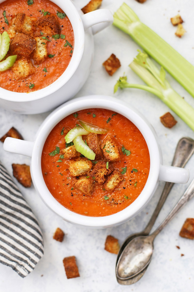 Bloody Mary Tomato Soup - This spicy tomato vegetable soup is such a fun twist on the classic! Gluten free, vegan, and paleo friendly!