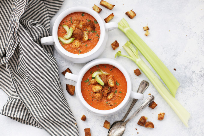 Bloody Mary Tomato Soup - This spicy tomato vegetable soup is such a fun twist on the classic! Gluten free, vegan, and paleo friendly!