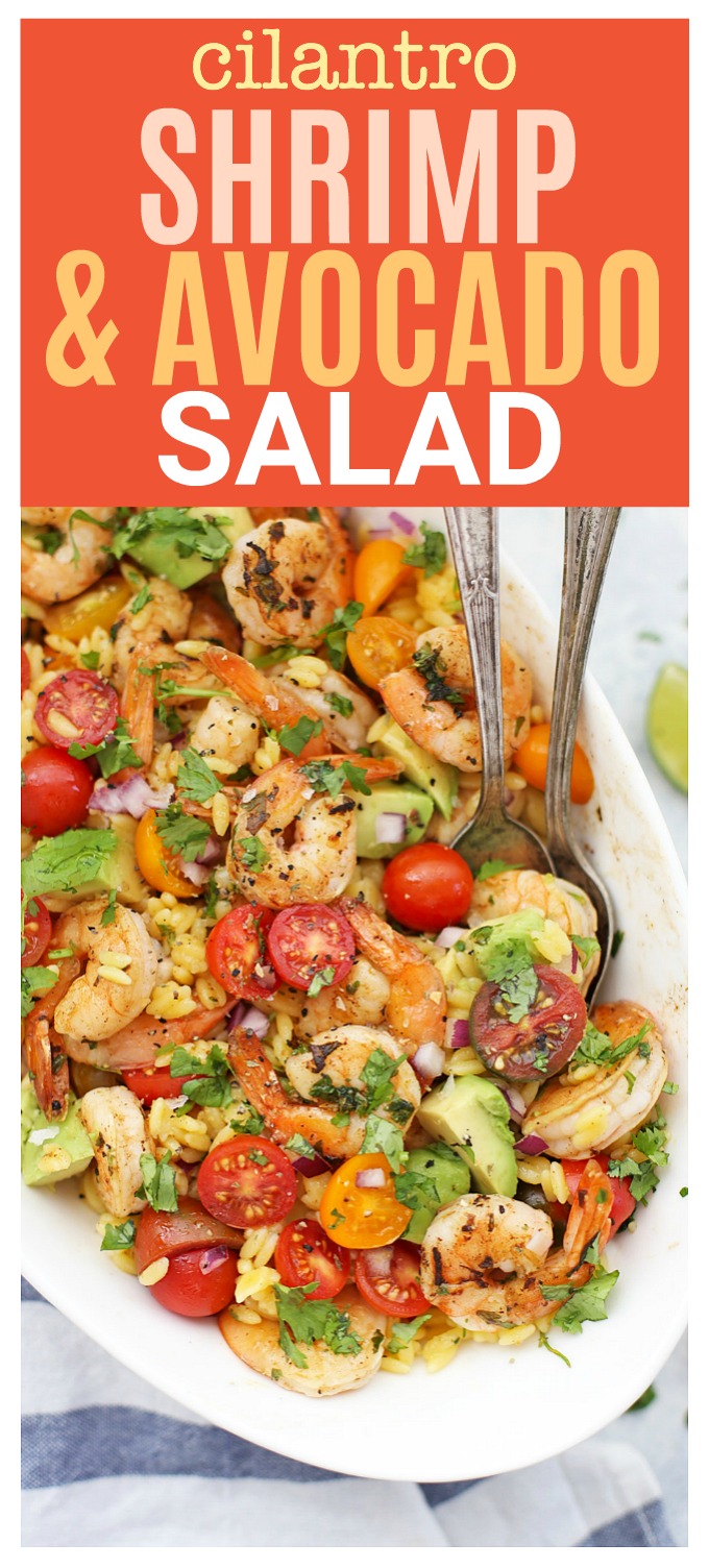 Cilantro Shrimp and Avocado Salad - This easy shrimp salad is SO delicious! The flavor is amazing. Make it with orzo, pasta, quinoa, or leafy greens! (Gluten free, paleo friendly)