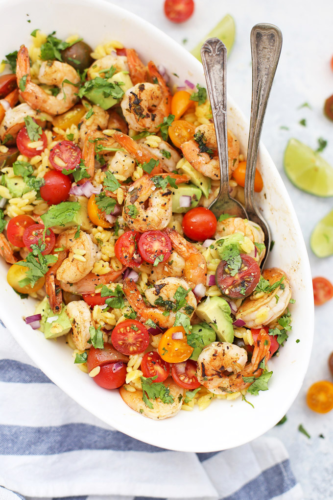 Cilantro Shrimp and Avocado Salad - This easy shrimp salad is SO delicious! The flavor is amazing. Make it with orzo, pasta, quinoa, or leafy greens! (Gluten free, paleo friendly) 