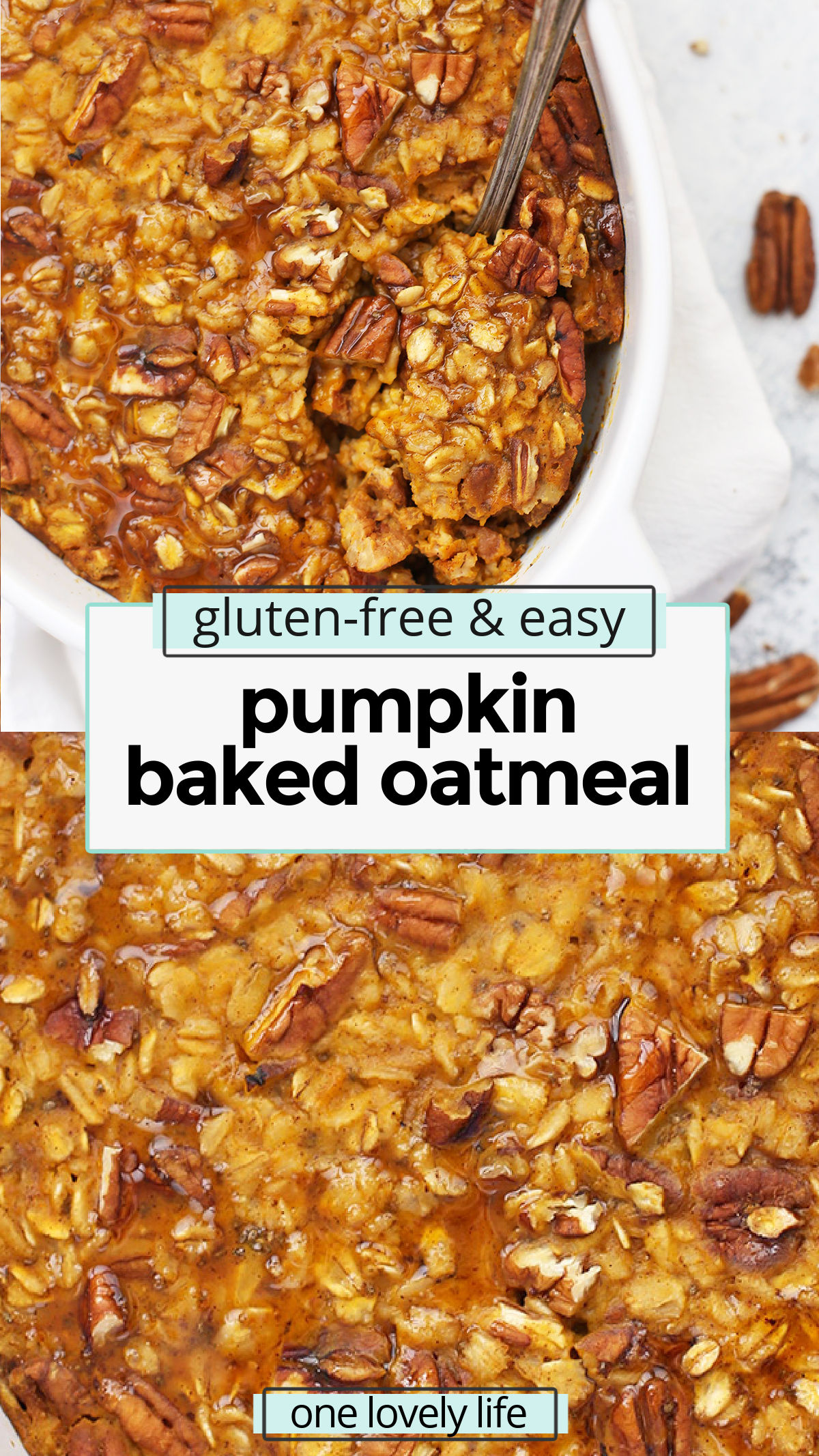 Baked Pumpkin Oatmeal - Studded with pecans and laced with the perfect blend of warm spices, this cozy pumpkin baked oatmeal recipe hits all the right notes! (Gluten free, vegan-friendly) // Pumpkin Oatmeal Recipe // Fall Breakfast // Healthy Pumpkin Recipes // Gluten-Free Breakfast // Healthy Breakfast // Vegan Breakfast // Pumpkin Breakfast Recipes // pumpkin oatmeal // baked oatmeal recipes