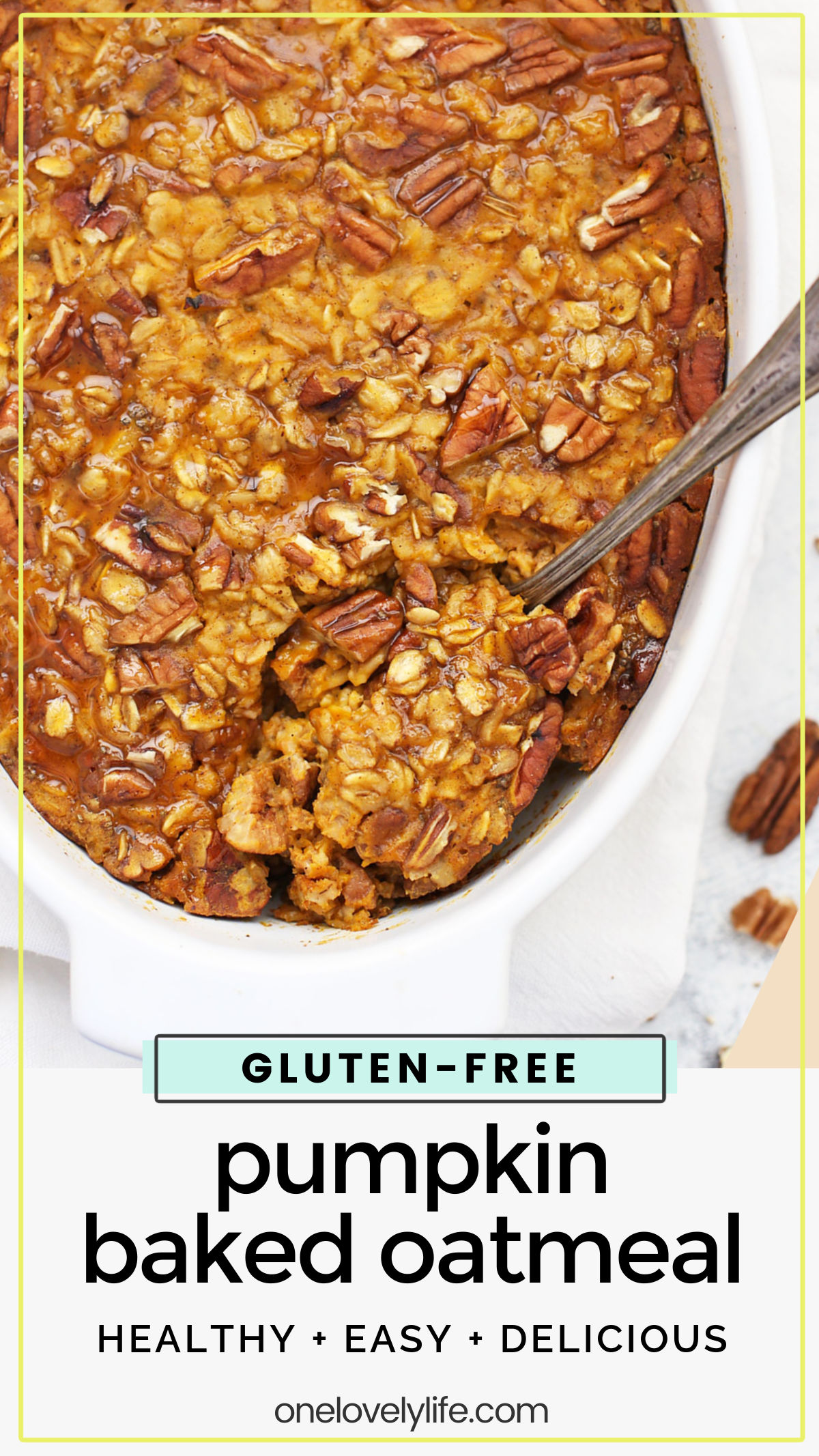 Baked Pumpkin Oatmeal - Studded with pecans and laced with the perfect blend of warm spices, this cozy pumpkin baked oatmeal recipe hits all the right notes! (Gluten free, vegan-friendly) // Pumpkin Oatmeal Recipe // Fall Breakfast // Healthy Pumpkin Recipes // Gluten-Free Breakfast // Healthy Breakfast // Vegan Breakfast // Pumpkin Breakfast Recipes // pumpkin oatmeal // baked oatmeal recipes