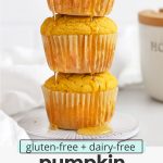 Three gluten-free pumpkin cornbread muffins drizzled with honey with text overlay that reads "gluten-free + dairy-free pumpkin cornbread muffins: light + fluffy + delightful"