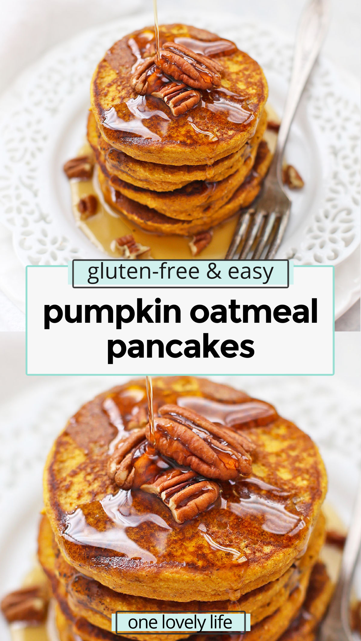 Blender Pumpkin Oatmeal Pancakes - These healthy pumpkin pancakes are gluten & dairy free. SO EASY, since they're made in the blender! It's the BEST pumpkin pancakes recipe! // blender pancakes // pumpkin pancakes // pumpkin oatmeal pancakes // gluten free pumpkin pancakes // pumpkin oat pancakes // blender pancakes recipe // blender pumpkin oatmeal pancakes // healthy pumpkin oatmeal pancakes // gluten free pumpkin oatmeal pancakes