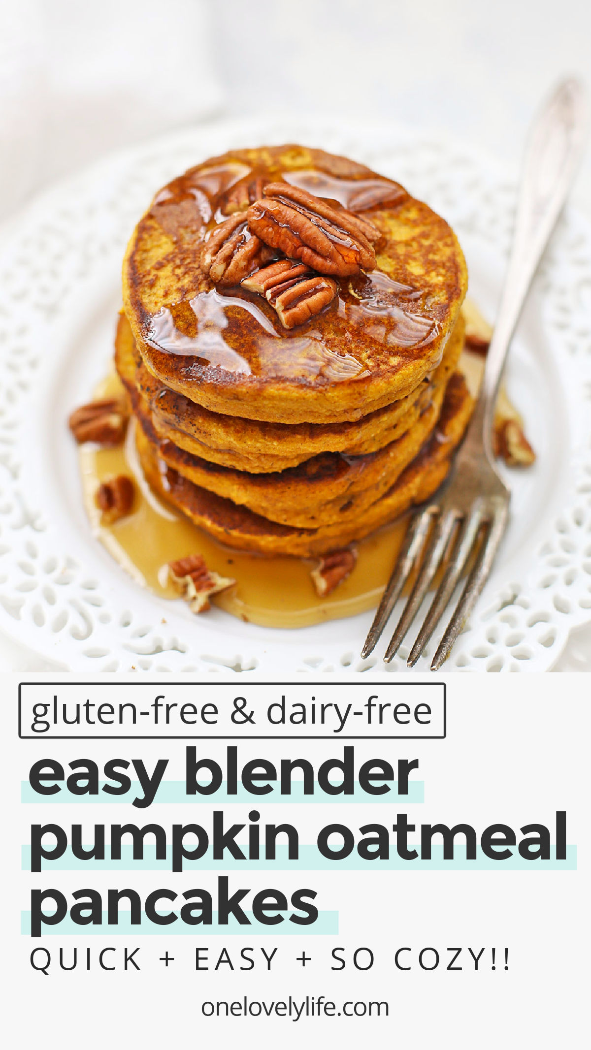 Blender Pumpkin Oatmeal Pancakes - These healthy pumpkin pancakes are gluten & dairy free. SO EASY, since they're made in the blender! It's the BEST pumpkin pancakes recipe! // blender pancakes // pumpkin pancakes // pumpkin oatmeal pancakes // gluten free pumpkin pancakes #glutenfree #dairyfree #pancakes #pumpkin #blenderpancakes #pumpkinpancakes #oatmealpancakes