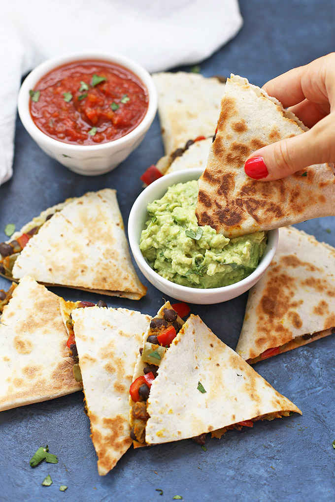 We LOVE these Loaded Vegan Quesadillas! So many goodies inside, you don't even miss the cheese! 