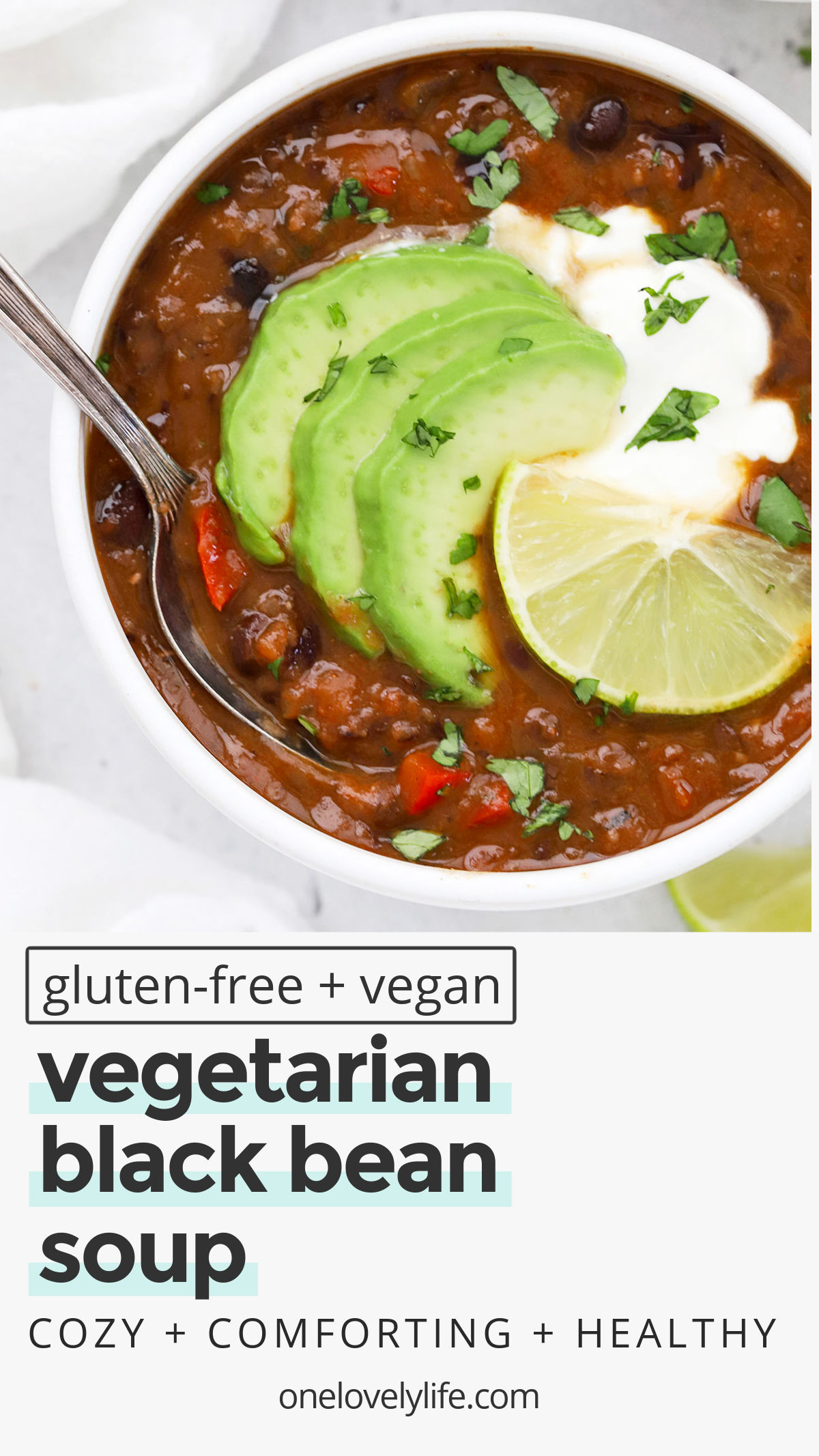 Easy Vegan Black Bean Soup - This healthy black bean soup is so simple to make! You'll love the colors and flavor. (Gluten free & vegan) // Vegetarian Black bean soup // bean soup recipe // vegan soup // vegetarian soup // healthy soup // vegan chili // black bean chili // healthy dinner #healthydinner #healthysoup #vegan #vegetarian #blackbeansoup #meatlessmonday