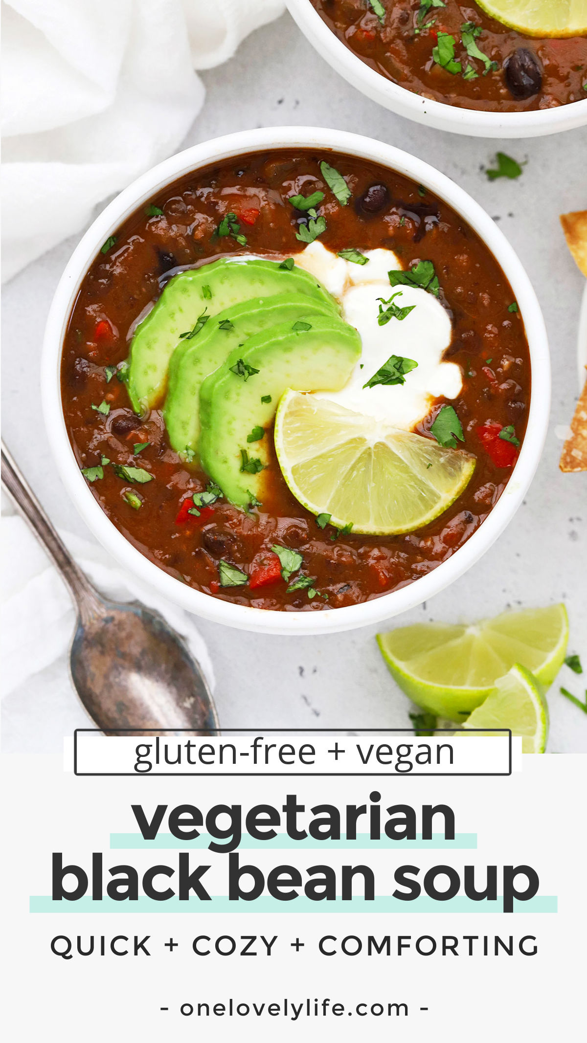 Easy Vegan Black Bean Soup - This healthy black bean soup is so simple to make! You'll love the colors and flavor. (Gluten free & vegan) // Vegetarian Black bean soup // bean soup recipe // vegan soup // vegetarian soup // healthy soup // vegan chili // black bean chili // healthy dinner #healthydinner #healthysoup #vegan #vegetarian #blackbeansoup #meatlessmonday