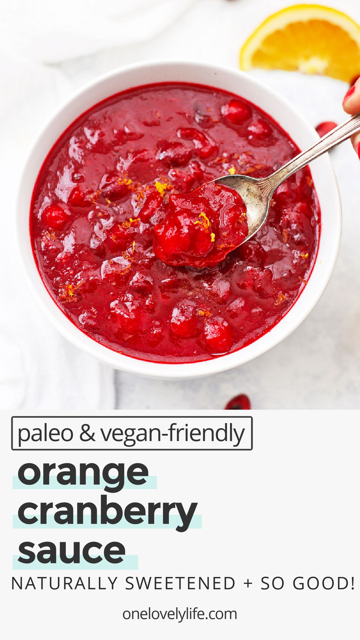 Orange Honey Cranberry Sauce - This paleo cranberry sauce can also easily be made vegan. With bright citrus notes and a hint of cinnamon, this naturally sweetened cranberry sauce is the perfect addition to the holiday table. // orange cranberry sauce recipe // Paleo thanksgiving // vegan thanksgiving // gluten-free thanksgiving #cranberrysauce #paleo #vegan #glutenfree