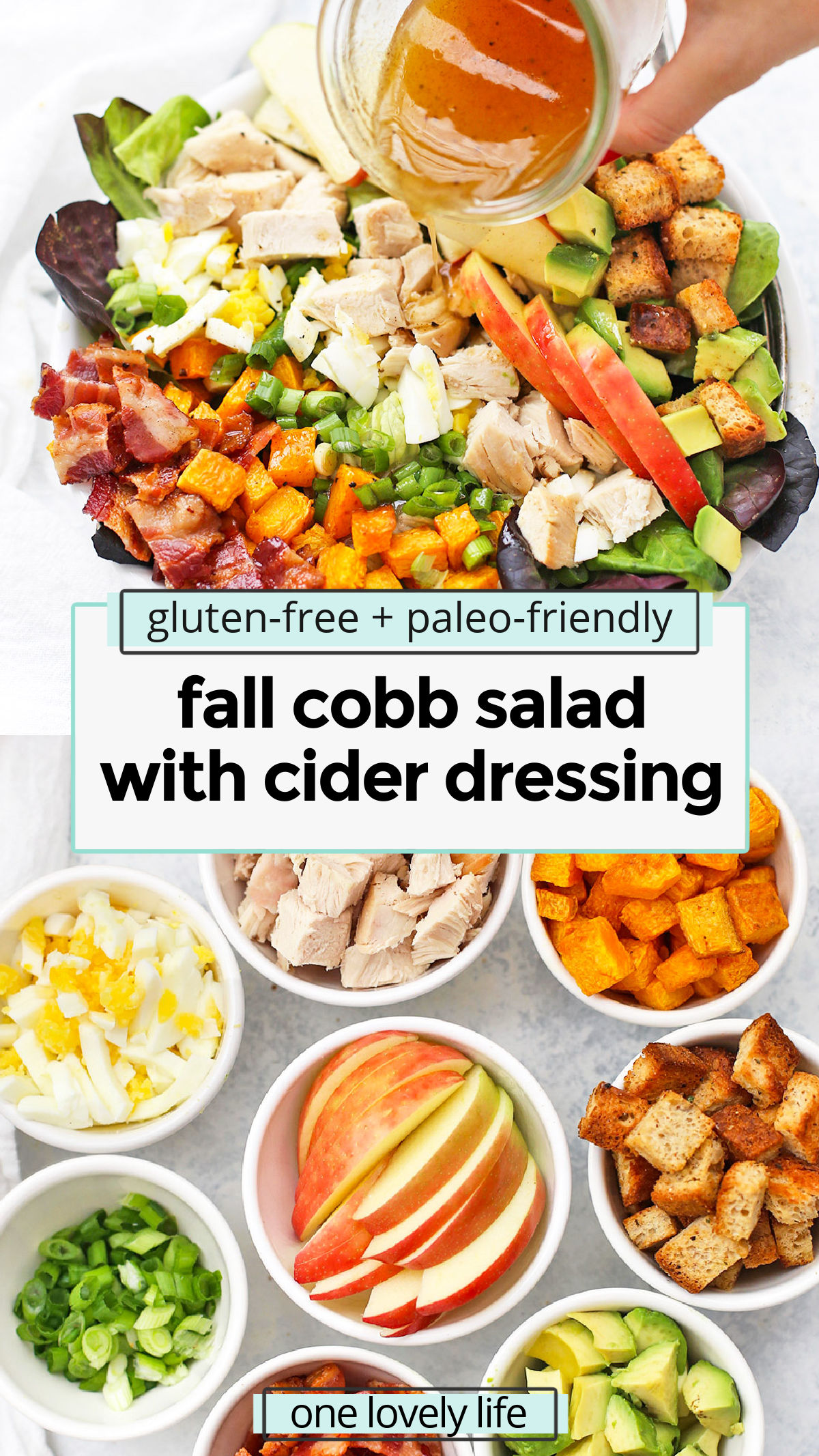 Fall Cobb Salad with Rosemary Croutons and Cider Vinaigrette - This delicious autumn take on a classic Cobb is the perfect fall or winter salad! / Fall Salad Recipe / Leftover Thanksgiving Recipe / Leftover Turkey Recipe / Leftover Chicken Recipe / Fall Cobb Salad recipe / Apple Cider Salad Dressing / Apple Salad Dressing / Gluten Free Dinner / Paleo Dinner / Healthy Dinner / Main Dish Salad / Autumn Cobb Salad / Harvest Cobb Salad /