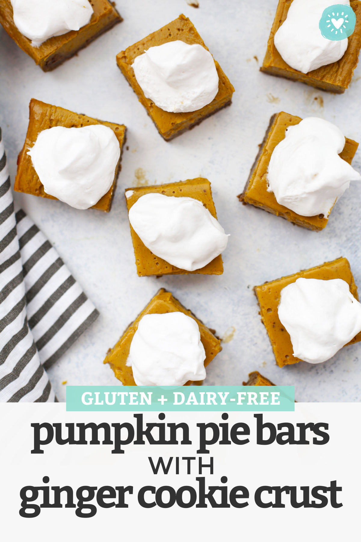 Gluten-Free Pumpkin Pie Bars with Ginger Cookie Crust – Swap out the pumpkin pie for these easy gluten-free pumpkin pie bars. The cookie crust makes them so easy! They slice and serve like a dream! Dairy-free pumpkin pie bars // Pumpkin Pie Bars recipe // Thanksgiving Dessert // Holiday Dessert // Fall Dessert