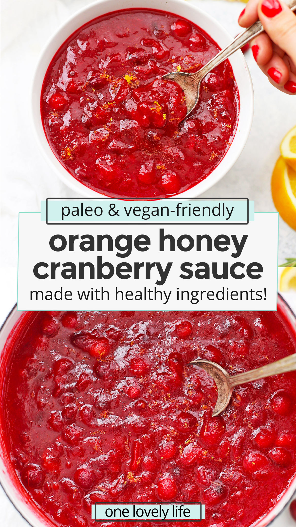 Orange Honey Cranberry Sauce - This paleo cranberry sauce can also easily be made vegan. With bright citrus notes and a hint of cinnamon, this naturally sweetened cranberry sauce is the perfect addition to the holiday table. // orange cranberry sauce recipe // Paleo thanksgiving // vegan thanksgiving // gluten-free thanksgiving #cranberrysauce #paleo #vegan #glutenfree