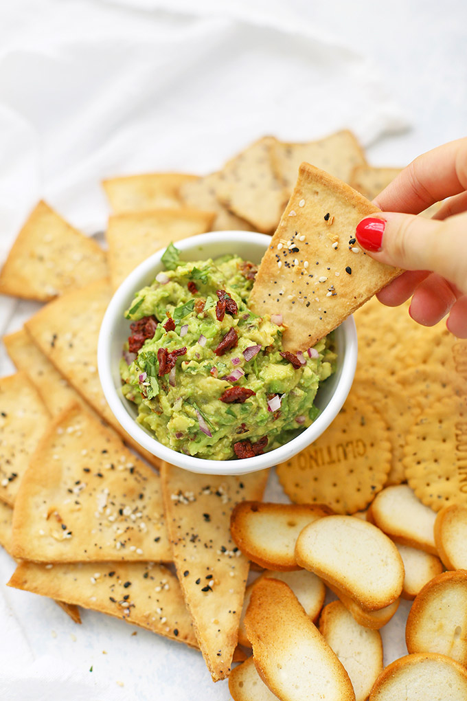 Sun Dried Tomato Avocado Dip - A yummy spin on guacamole! (Plus - How to make a perfect healthy snack board!) 