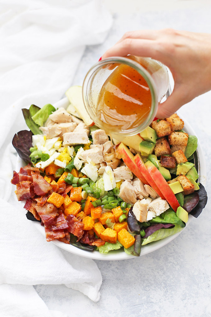 Fall Cobb Salad with Cider Vinaigrette! This salad has so much autumn goodness! (Gluten free, dairy free, paleo & whole30 friendly)