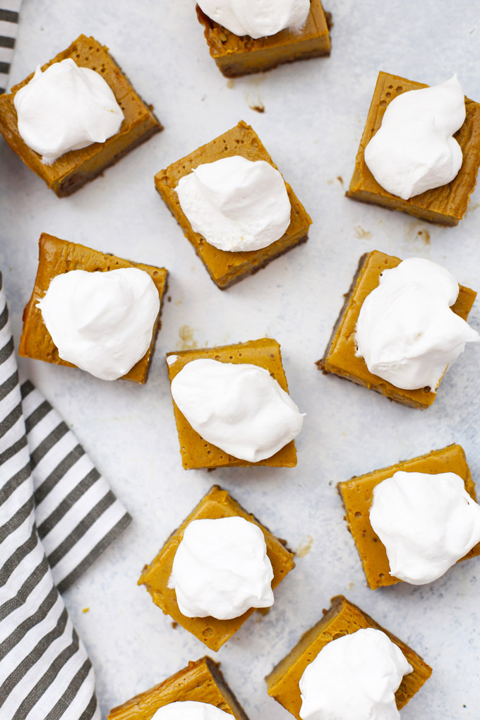 Gluten Free Pumpkin Pie Bars with Ginger Cookie Crust - The crust is amazing, and the filling is so easy! 