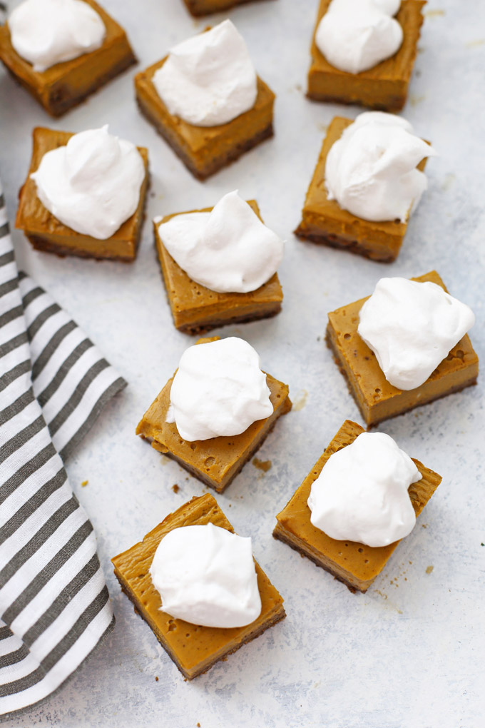 Gluten Free Pumpkin Pie Bars with Ginger Cookie Crust - Easy to serve and share! 