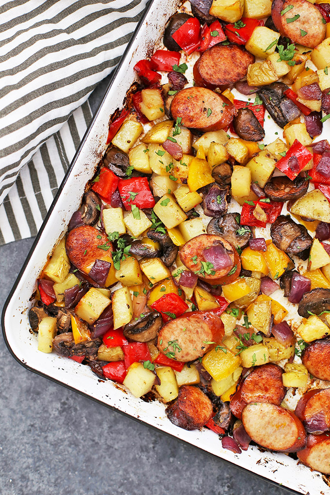 Sheet Pan Sausage and Veggies - This quick one pan dinner is always a big hit! Make it with your favorite sausage and veggie combinations to change up the flavor! (Gluten free, paleo, whole30 friendly!)