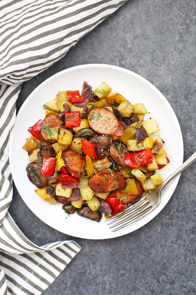 Sheet Pan Sausage and Veggies - This quick one pan dinner is always a big hit! Make it with your favorite sausage and veggie combinations to change up the flavor! (Gluten free, paleo, whole30 friendly!)