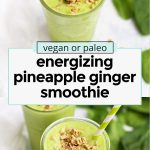 pineapple ginger smoothie topped with gluten-free granola