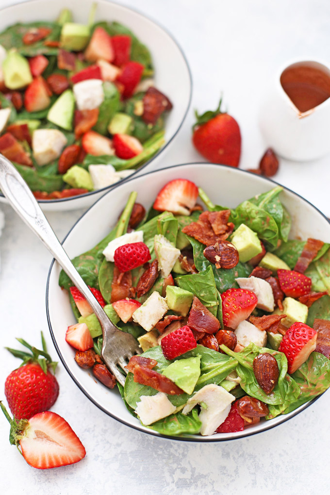 Strawberry Chicken Salad with Strawberry Balsamic Dressing - We love the greens, avocado, bacon, chicken, and strawberries! (Gluten free, dairy free, paleo)