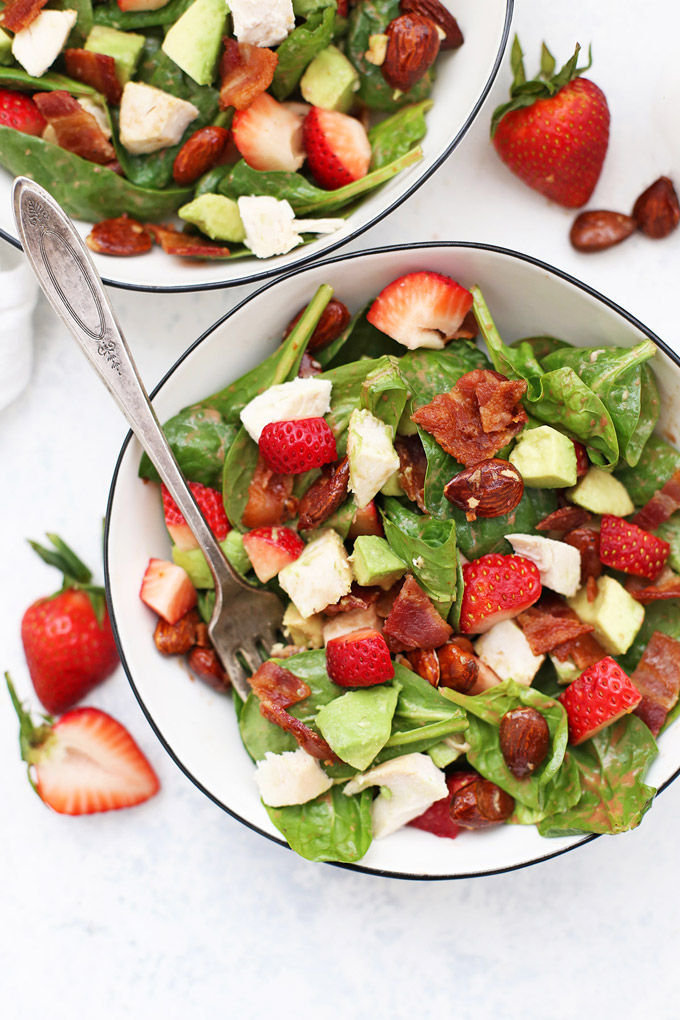 Strawberry Chicken Salad with Strawberry Balsamic Vinaigrette - This bright, fresh salad is so good for spring or summer! (Gluten free, dairy free, paleo)