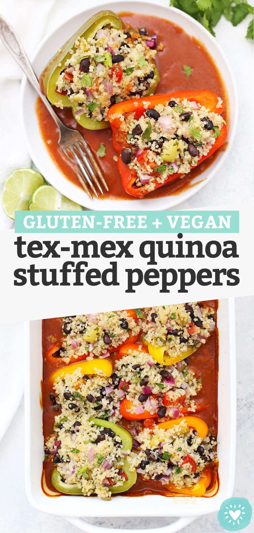Mexican Stuffed Peppers with Quinoa and Black Beans - This gluten free, vegan dinner is SO GREAT for meal prep! (Don't skip the easy homemade enchilada sauce!) // Tex Mex Quinoa Stuffed Peppers // Vegan Stuffed Peppers #stuffedpeppers #vegandinner #healthydinner #vegan #glutenfree