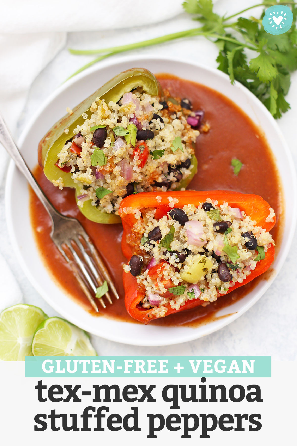 Mexican Stuffed Peppers with Quinoa and Black Beans - This gluten free, vegan dinner is SO GREAT for meal prep! (Don't skip the easy homemade enchilada sauce!) // Tex Mex Quinoa Stuffed Peppers // Vegan Stuffed Peppers #stuffedpeppers #vegandinner #healthydinner #vegan #glutenfree