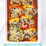 Overhead view of Mexican Stuffed Peppers with Quinoa and Black Beans with text overlay that reads "Gluten-Free + Vegan Tex-Mex Quinoa Stuffed Peppers"