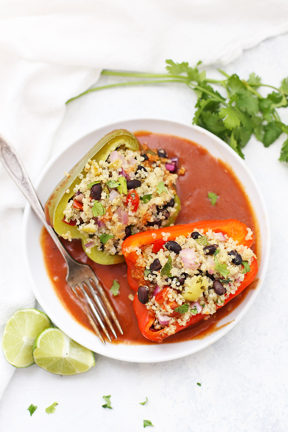 Mexican Stuffed Peppers with Quinoa and Black Beans on a White Plate with Red Enchilada Sauce