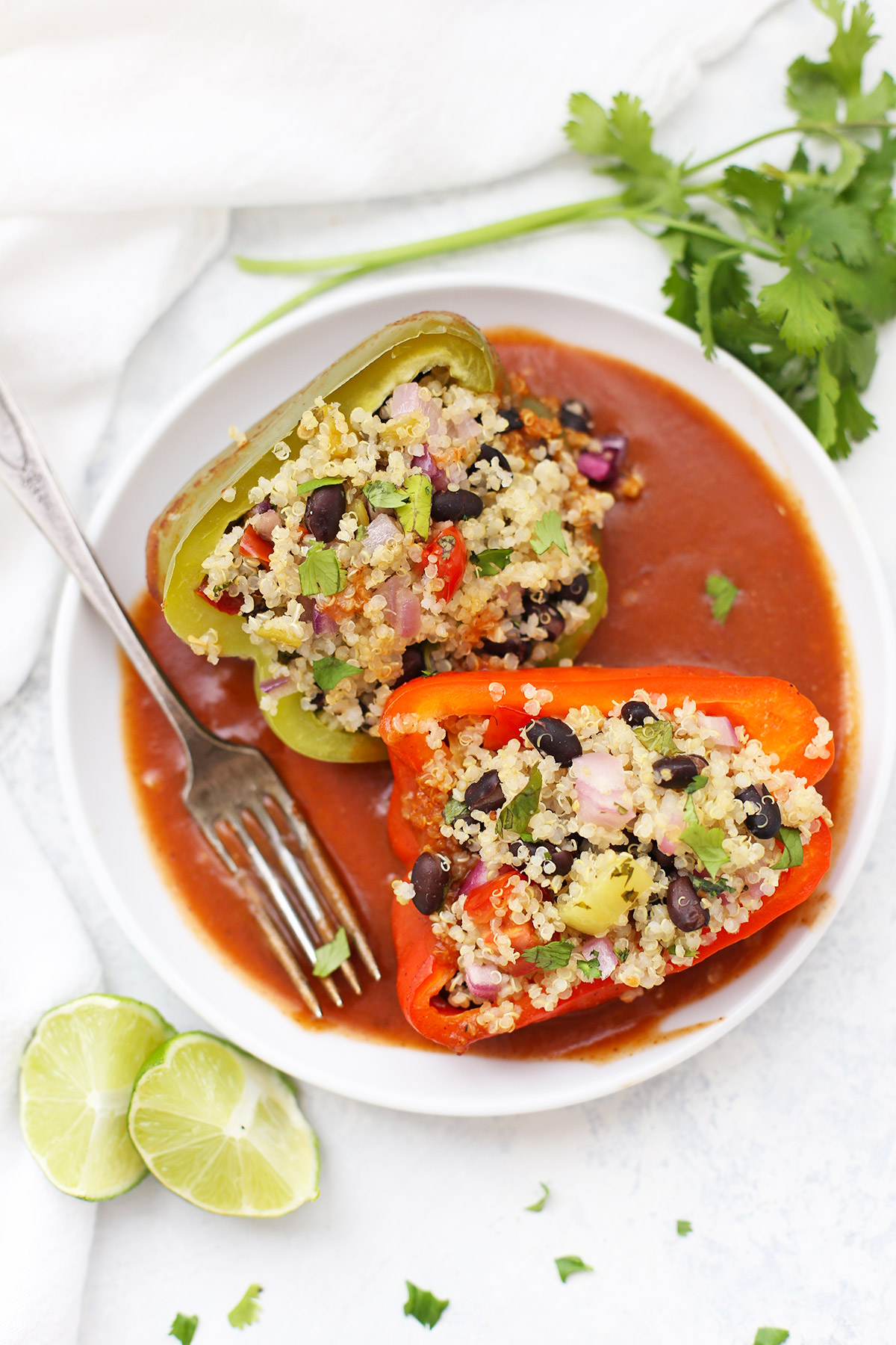 Mexican Stuffed Peppers with Quinoa and Black Beans on a White Plate with Red Enchilada Sauce