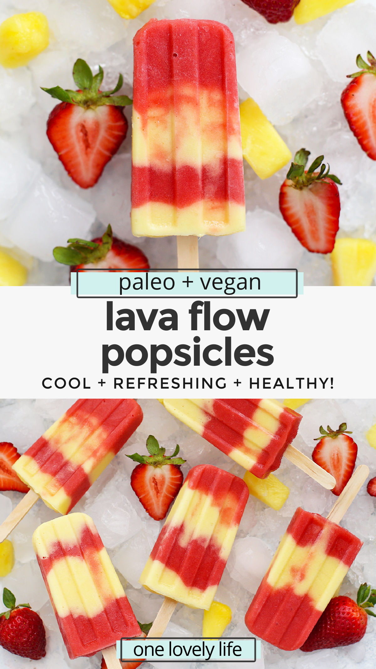 Lava Flow Popsicles - Creamy coconut pineapple swirled with fresh strawberry. Paleo, Vegan, and naturally sweetened! // Strawberry Pineapple Popsicles // Virgin Lava Flow Popsicles