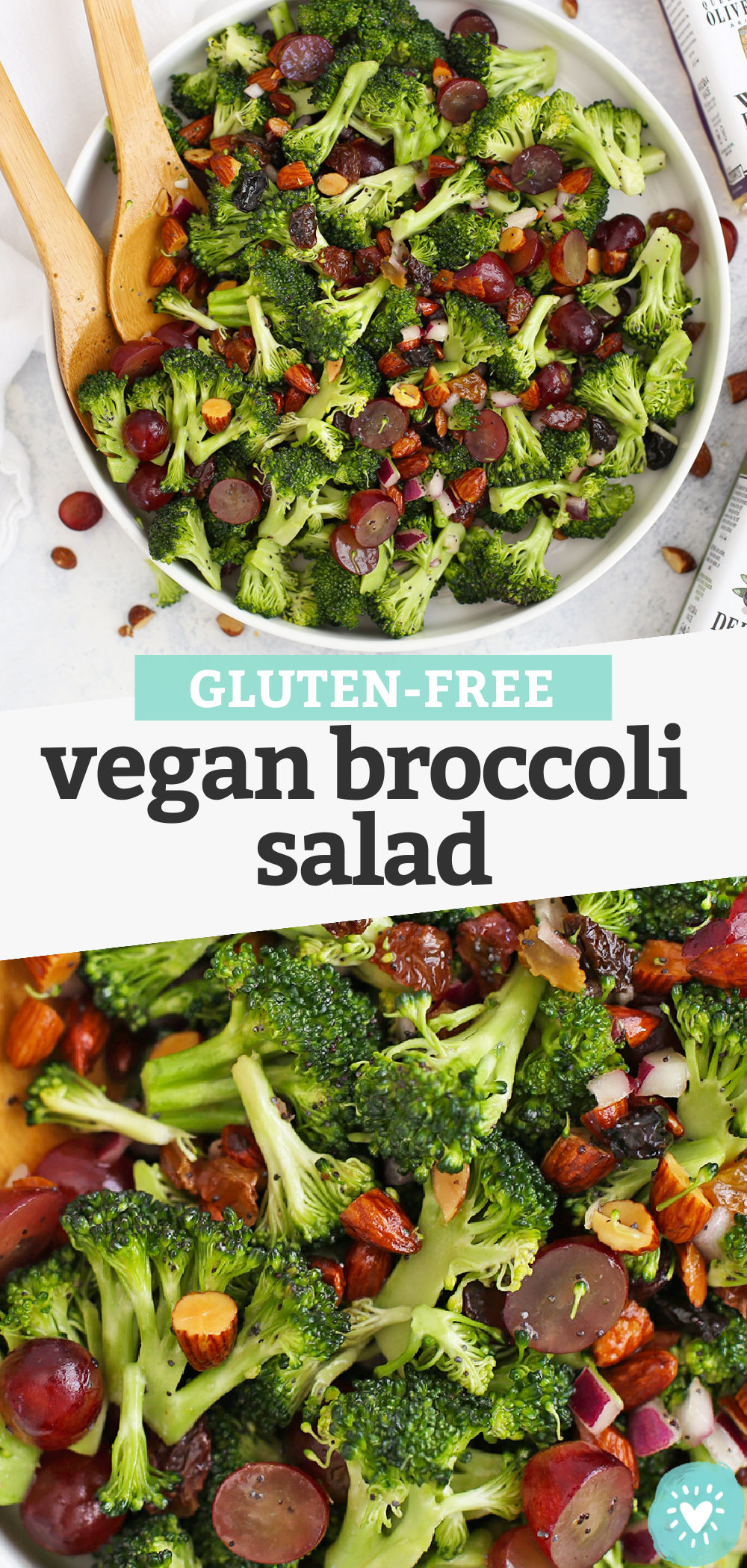 Collage of images of vegan broccoli salad with poppy seed dressing with text overlay that reads "Gluten-Free Vegan Broccoli Salad"