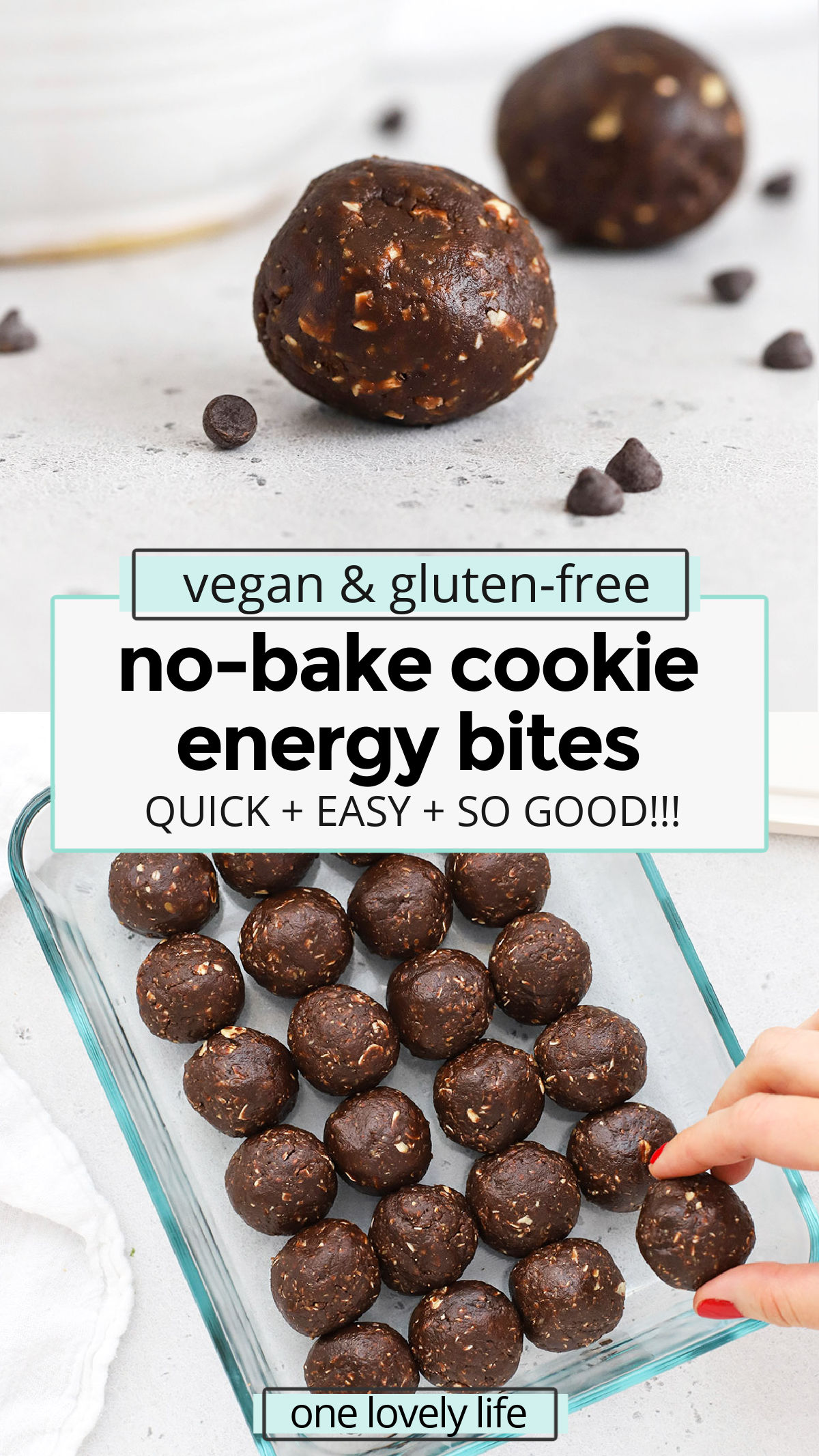 No Bake Cookie Energy Bites - The perfect snack when you're craving something sweet. These chocolate peanut butter energy bites are gluten free, vegan and taste like a cookie! // chocolate peanut butter energy balls // cookie dough energy bites // chocolate coconut energy bites // vegan energy bites // healthy snack ideas // kid friendly snack // healthy snacks for kids // meal prep snack // meal prep treat // healthy treat // healthy dessert