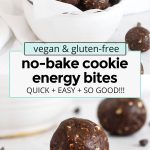 Chocolate peanut butter no-bake cookie energy bites in a white bowl