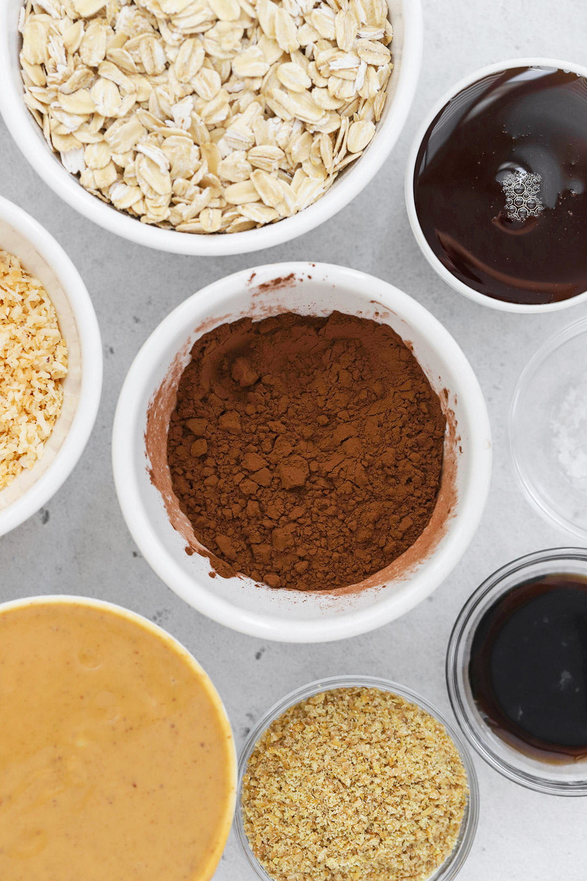 Overhead view of ingredients for chocolate peanut butter no bake cookie energy bites